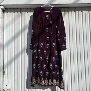 WARM plum purple silk long puff sleeve floral border print midi dress
